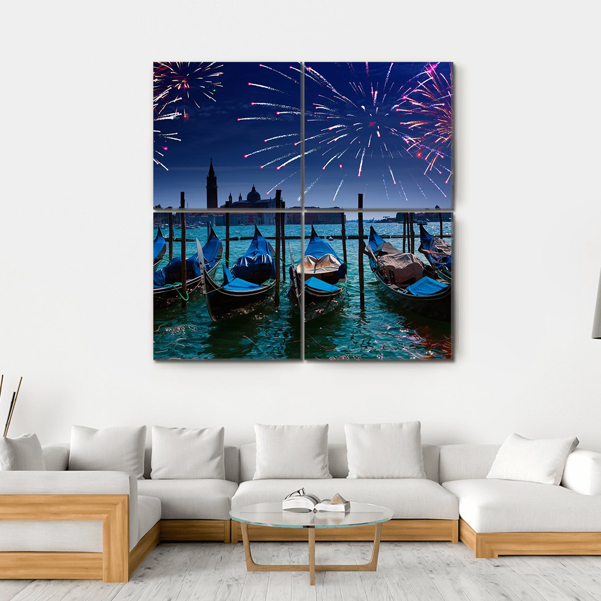 Fireworks Over Canal Canvas Wall Art-4 Square-Gallery Wrap-17" x 17"-Tiaracle