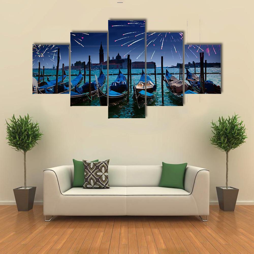 Fireworks Over Canal Canvas Wall Art-5 Pop-Gallery Wrap-47" x 32"-Tiaracle