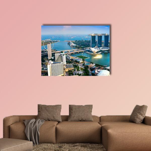 Singapore Skyline at Sunset Canvas Wall Art in white, green and blue, single panel hung on a wall