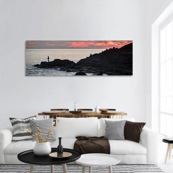 Fisher At Cliff Coast During Sunset Panoramic Canvas Wall Art-1 Piece-36" x 12"-Tiaracle