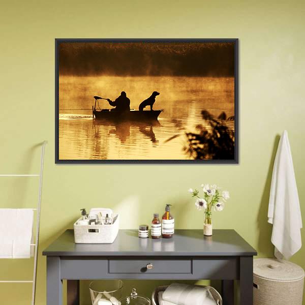 Fisher Man &amp; Dog Silhouette Canvas Wall Art-1 Piece-Floating Frame-24&quot; x 16&quot;-Tiaracle