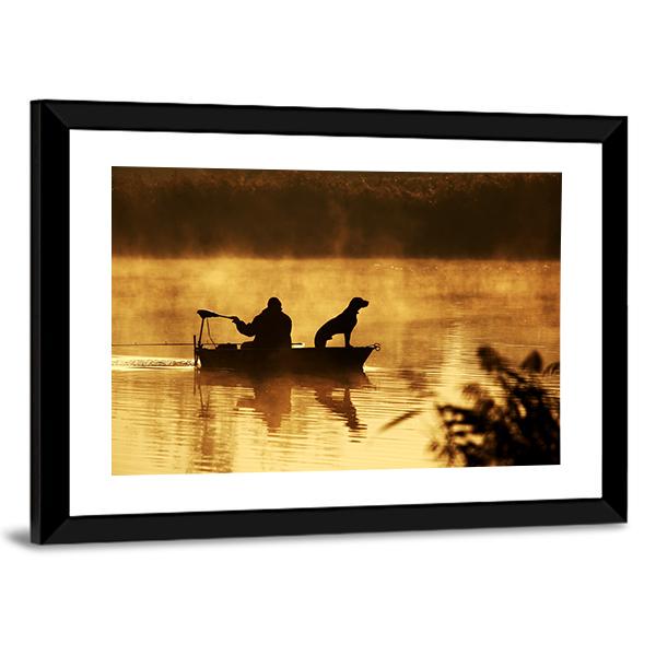 Fisher Man & Dog Silhouette Canvas Wall Art-5 Horizontal-Gallery Wrap-22" x 12"-Tiaracle