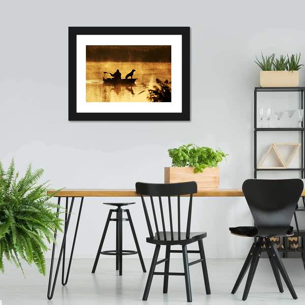Fisher Man & Dog Silhouette Canvas Wall Art-5 Horizontal-Gallery Wrap-22" x 12"-Tiaracle