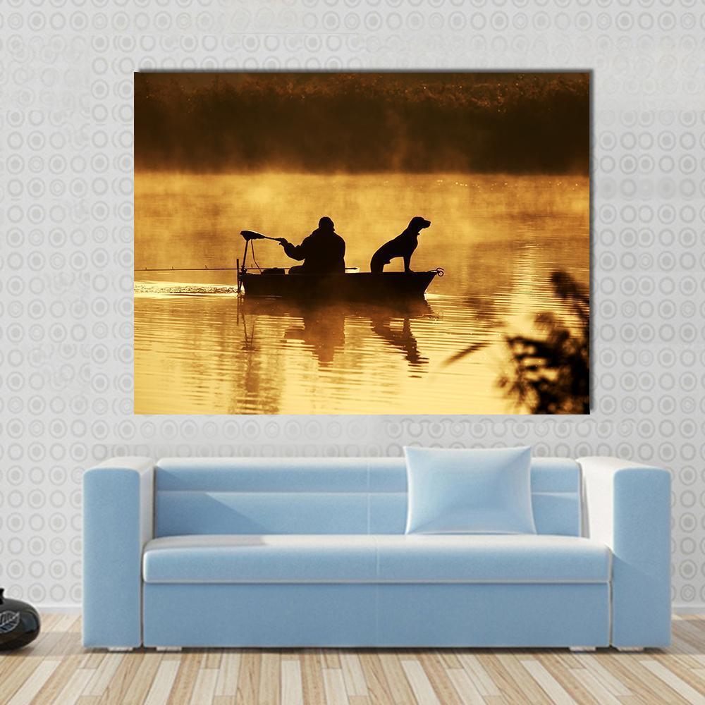 Fisher Man &amp; Dog Silhouette Canvas Wall Art-1 Piece-Gallery Wrap-48" x 32"-Tiaracle