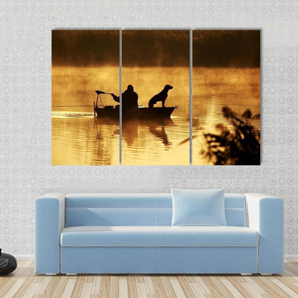 Fisher Man & Dog Silhouette Canvas Wall Art-3 Horizontal-Gallery Wrap-37" x 24"-Tiaracle