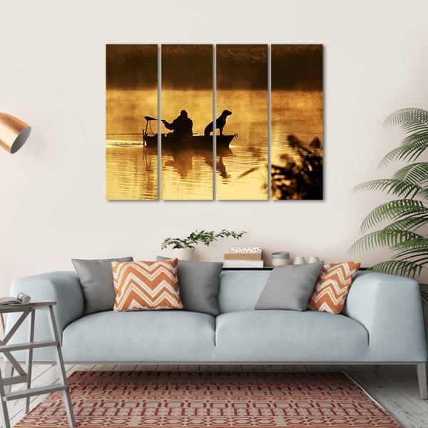 Fisher Man &amp; Dog Silhouette Canvas Wall Art-4 Horizontal-Gallery Wrap-34" x 24"-Tiaracle