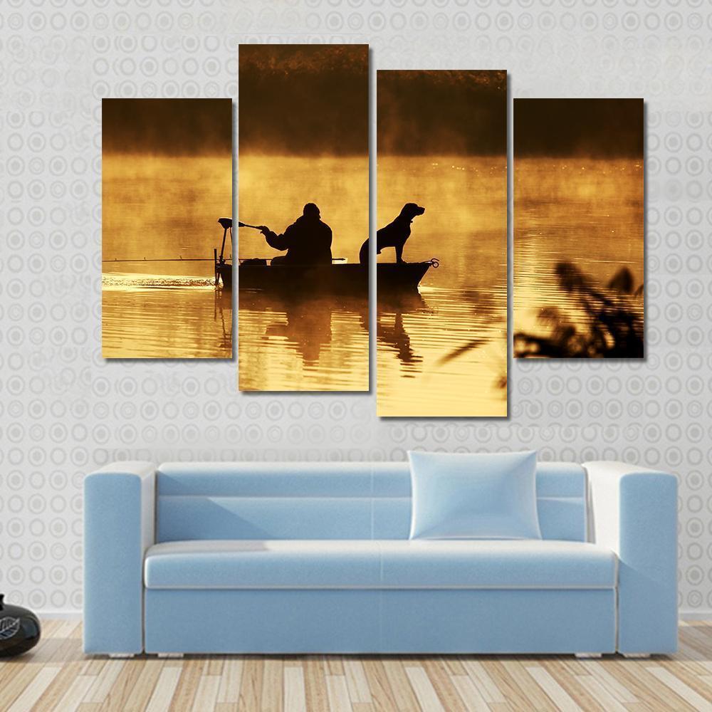 Fisher Man &amp; Dog Silhouette Canvas Wall Art-4 Pop-Gallery Wrap-50" x 32"-Tiaracle