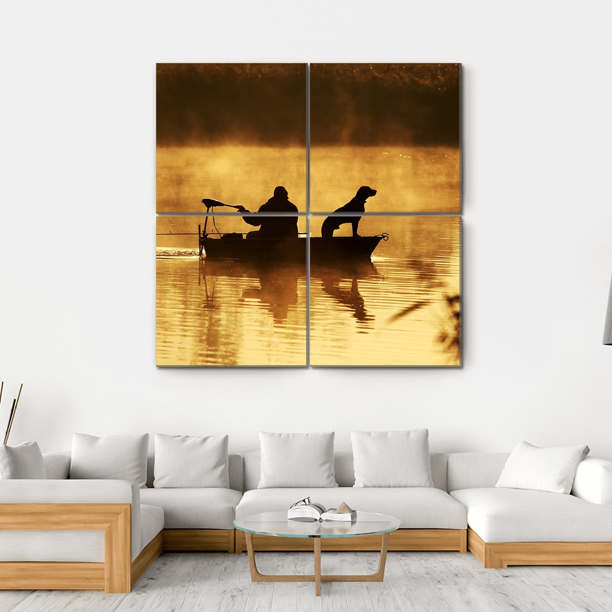 Fisher Man & Dog Silhouette Canvas Wall Art-4 Square-Gallery Wrap-17" x 17"-Tiaracle