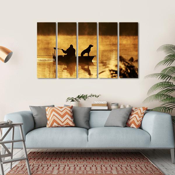 Fisher Man & Dog Silhouette Canvas Wall Art-5 Horizontal-Gallery Wrap-22" x 12"-Tiaracle