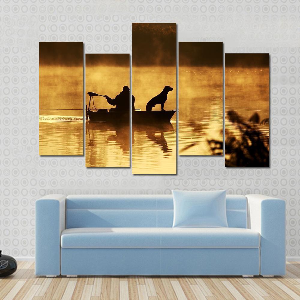 Fisher Man & Dog Silhouette Canvas Wall Art-5 Pop-Gallery Wrap-47" x 32"-Tiaracle
