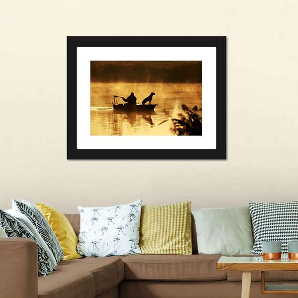 Fisher Man & Dog Silhouette Canvas Wall Art-3 Horizontal-Gallery Wrap-25" x 16"-Tiaracle