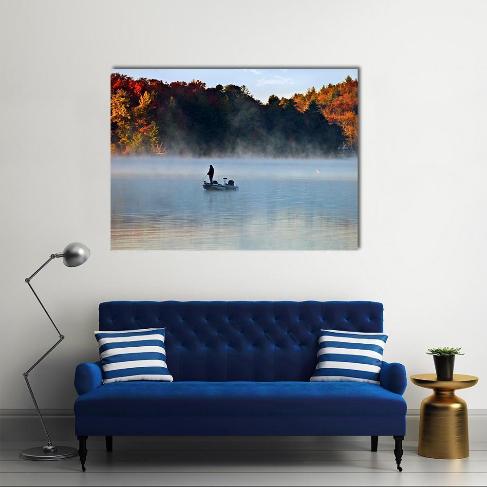 Fisherman In Foggy Morning Canvas Wall Art-1 Piece-Gallery Wrap-48" x 32"-Tiaracle