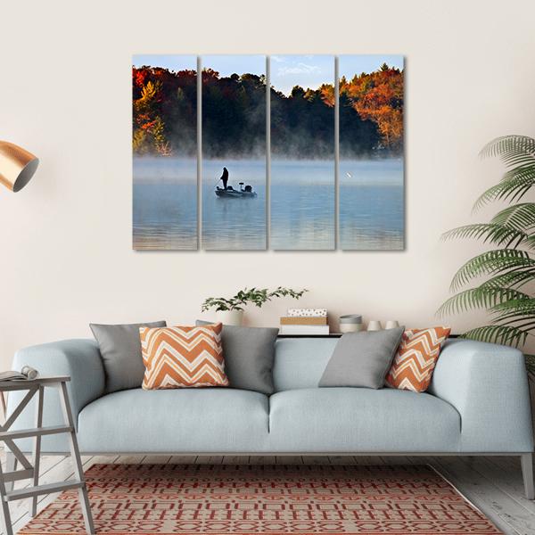 Fisherman In Foggy Morning Canvas Wall Art-4 Horizontal-Gallery Wrap-34" x 24"-Tiaracle