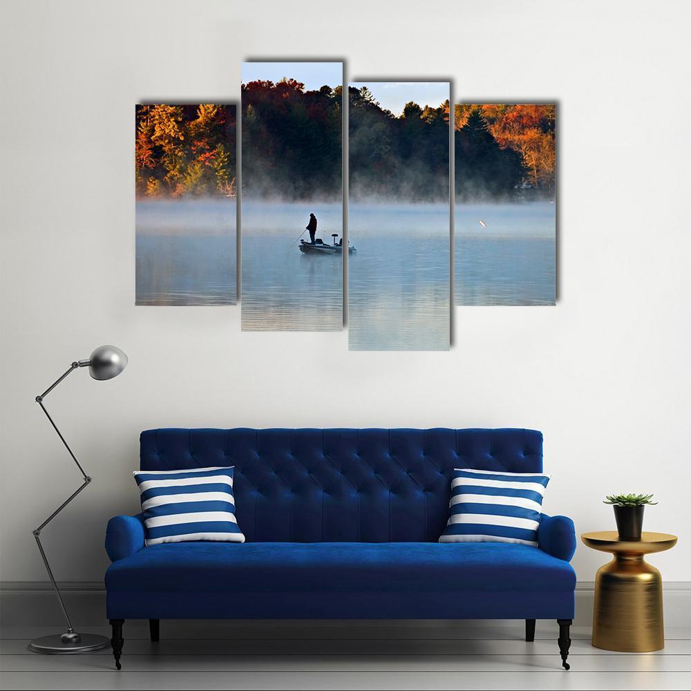 Fisherman In Foggy Morning Canvas Wall Art-4 Pop-Gallery Wrap-50" x 32"-Tiaracle