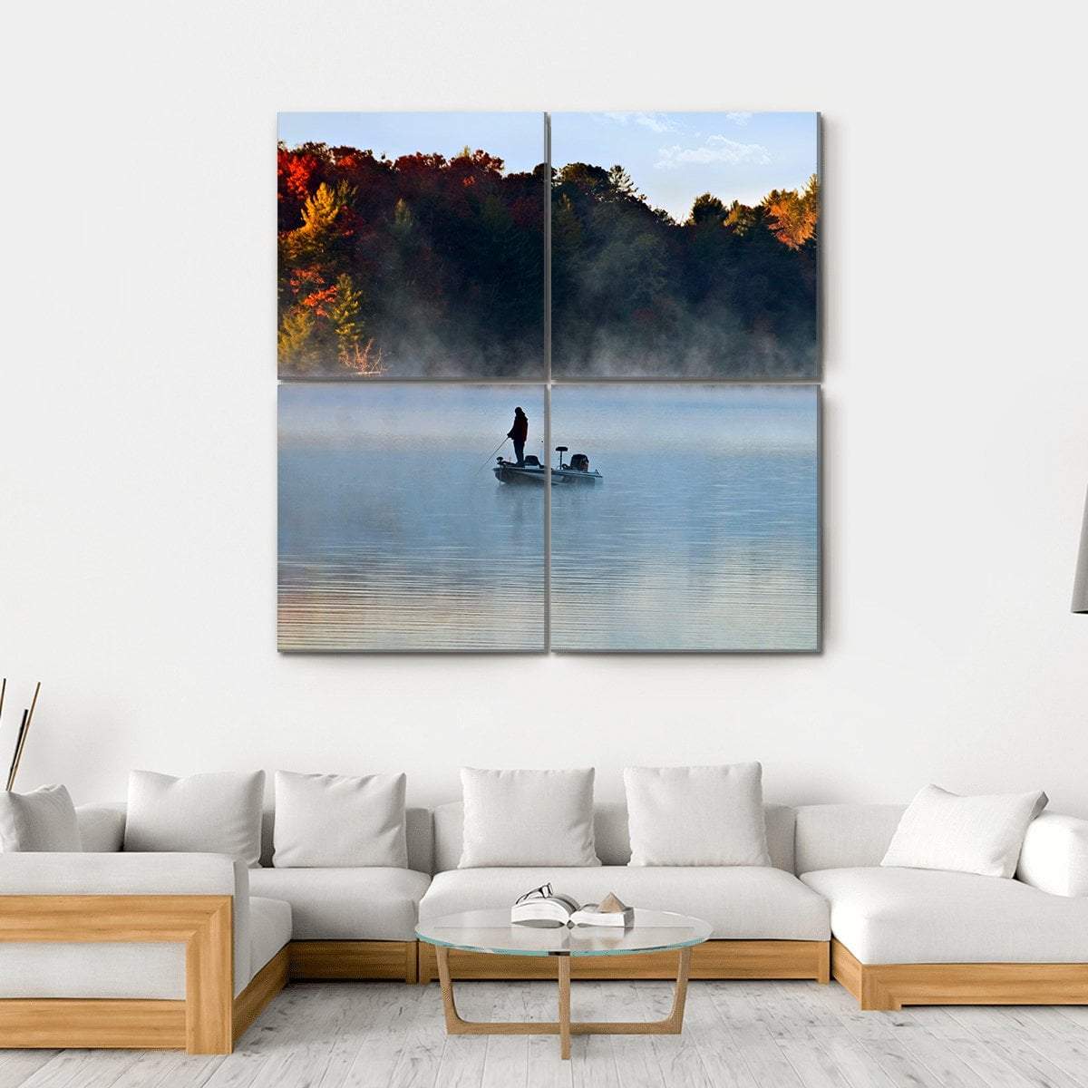 Fisherman In Foggy Morning Canvas Wall Art-4 Square-Gallery Wrap-17" x 17"-Tiaracle