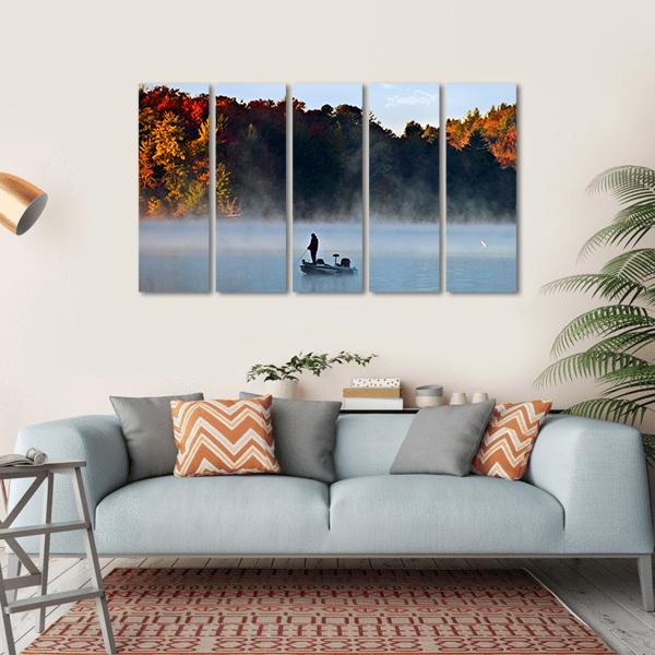 Fisherman In Foggy Morning Canvas Wall Art-5 Horizontal-Gallery Wrap-22" x 12"-Tiaracle