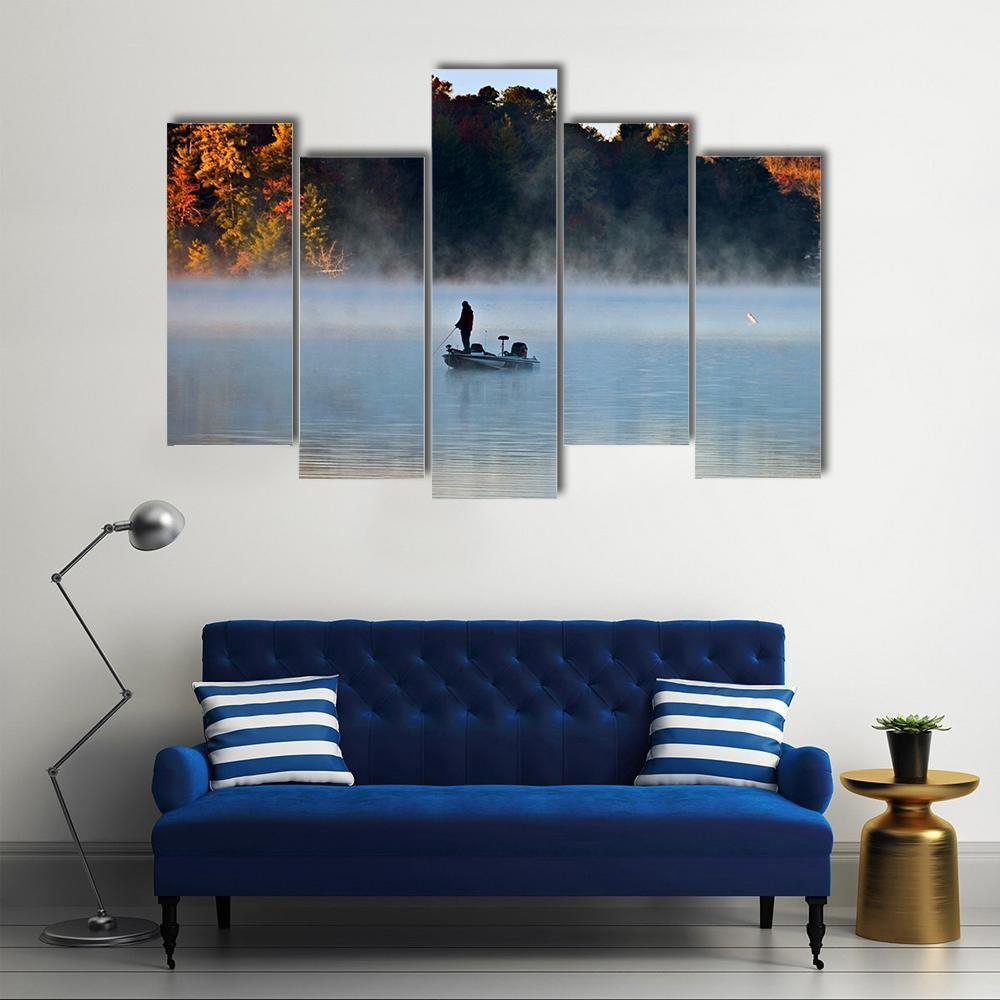 Fisherman In Foggy Morning Canvas Wall Art-5 Pop-Gallery Wrap-47" x 32"-Tiaracle
