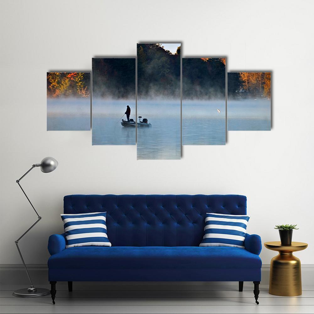 Fisherman In Foggy Morning Canvas Wall Art-5 Star-Gallery Wrap-62" x 32"-Tiaracle