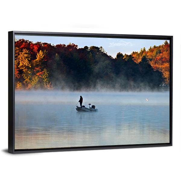 Fisherman In Foggy Morning Canvas Wall Art-3 Horizontal-Gallery Wrap-25" x 16"-Tiaracle