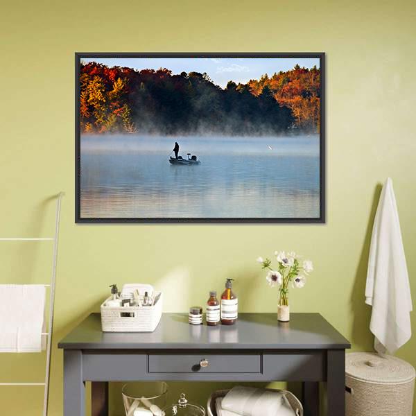 Fisherman In Foggy Morning Canvas Wall Art-1 Piece-Floating Frame-24" x 16"-Tiaracle