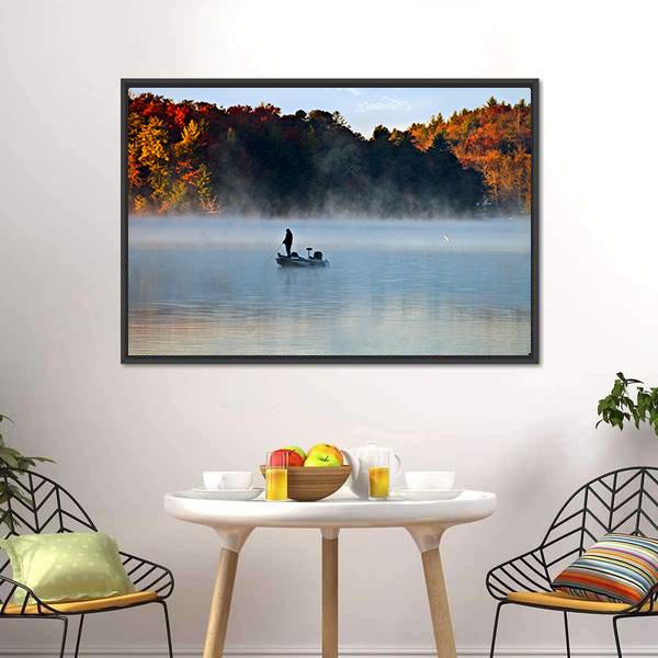 Fisherman In Foggy Morning Canvas Wall Art-3 Horizontal-Gallery Wrap-25" x 16"-Tiaracle
