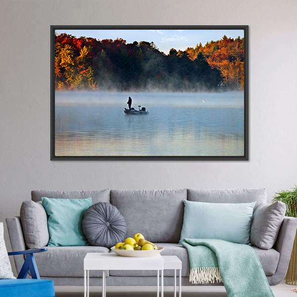Fisherman In Foggy Morning Canvas Wall Art-3 Horizontal-Gallery Wrap-25" x 16"-Tiaracle