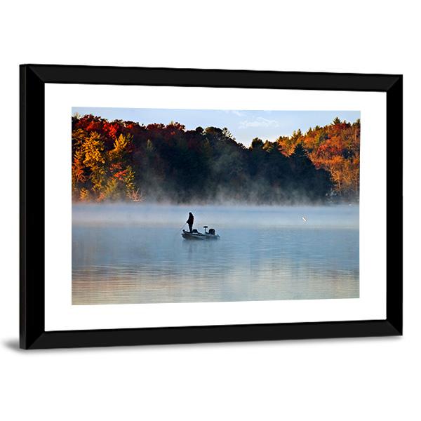 Fisherman In Foggy Morning Canvas Wall Art-3 Horizontal-Gallery Wrap-25" x 16"-Tiaracle