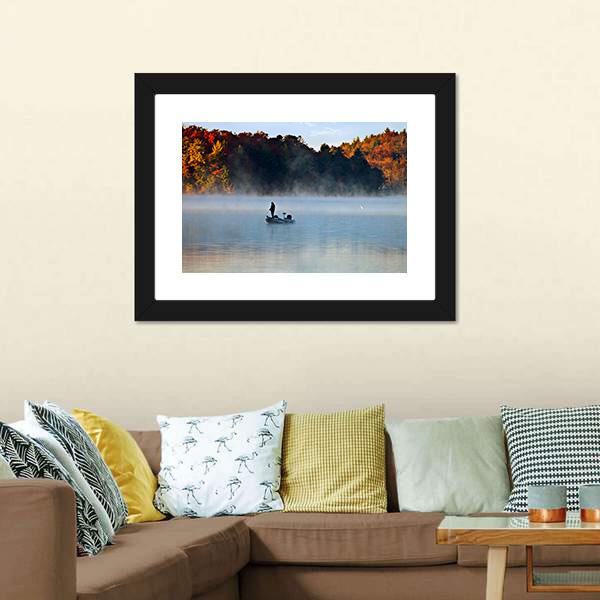 Fisherman In Foggy Morning Canvas Wall Art-3 Horizontal-Gallery Wrap-25" x 16"-Tiaracle