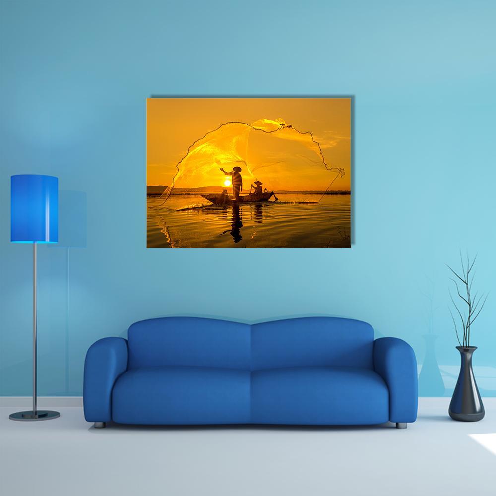 Fisherman Of Bangpra Lake In Thailand Canvas Wall Art-5 Horizontal-Gallery Wrap-22" x 12"-Tiaracle