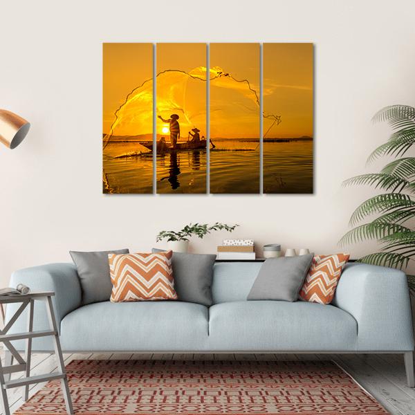 Fisherman Of Bangpra Lake In Thailand Canvas Wall Art-4 Horizontal-Gallery Wrap-34" x 24"-Tiaracle