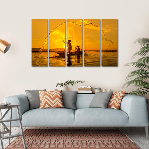 Fisherman Of Bangpra Lake In Thailand Canvas Wall Art-5 Horizontal-Gallery Wrap-22" x 12"-Tiaracle