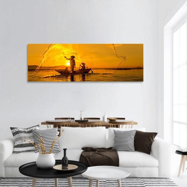 Fisherman Of Bangpra Lake In Thailand Panoramic Canvas Wall Art-3 Piece-25" x 08"-Tiaracle