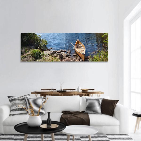 Yellow Canoe In Lake Panoramic Canvas Wall Art-1 Piece-36" x 12"-Tiaracle