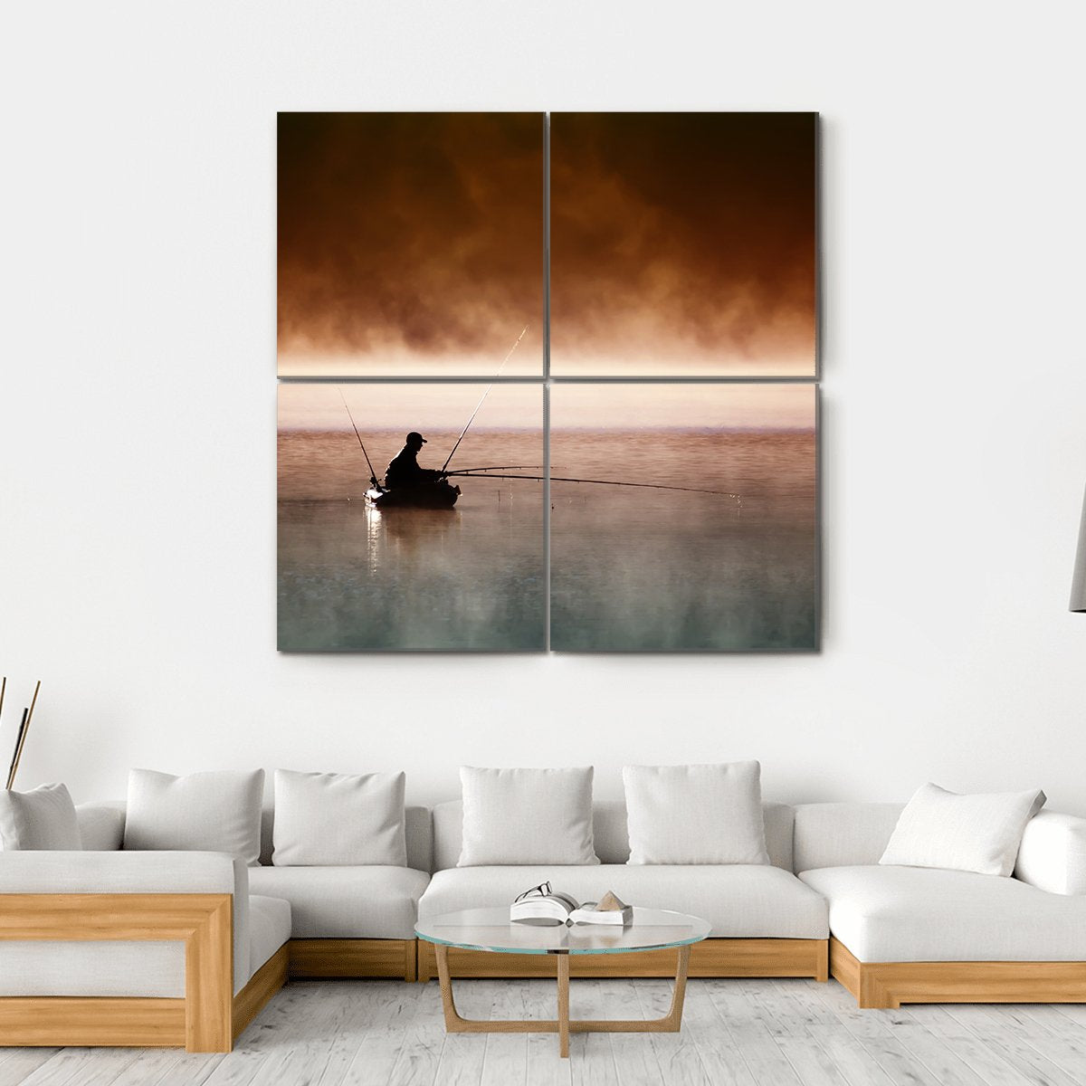 Fisherman Sits In Boat Canvas Wall Art-4 Square-Gallery Wrap-17" x 17"-Tiaracle
