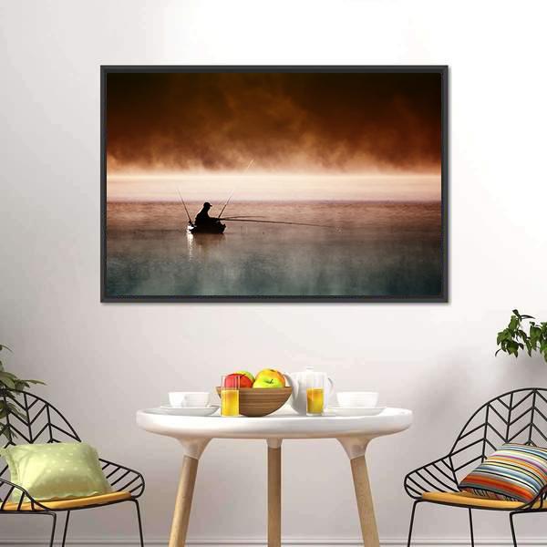 Fisherman Sits In Boat Canvas Wall Art-5 Horizontal-Gallery Wrap-22" x 12"-Tiaracle