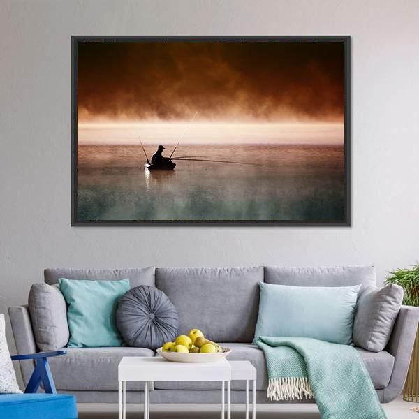 Fisherman Sits In Boat Canvas Wall Art-5 Horizontal-Gallery Wrap-22" x 12"-Tiaracle
