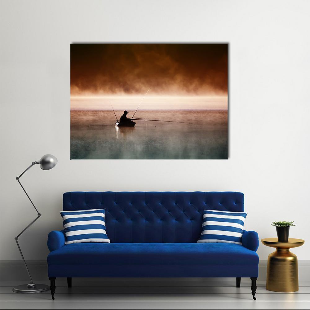 Fisherman in Boat at Morning Mist Canvas Wall Art in black, brown and orange, single panel hung on a wall