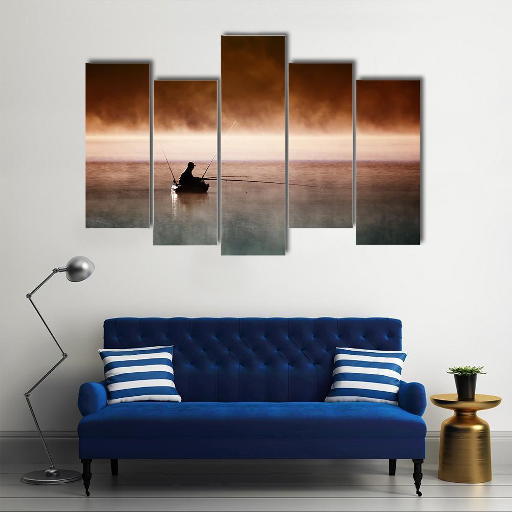 Fisherman Sits In Boat Canvas Wall Art-5 Pop-Gallery Wrap-47" x 32"-Tiaracle
