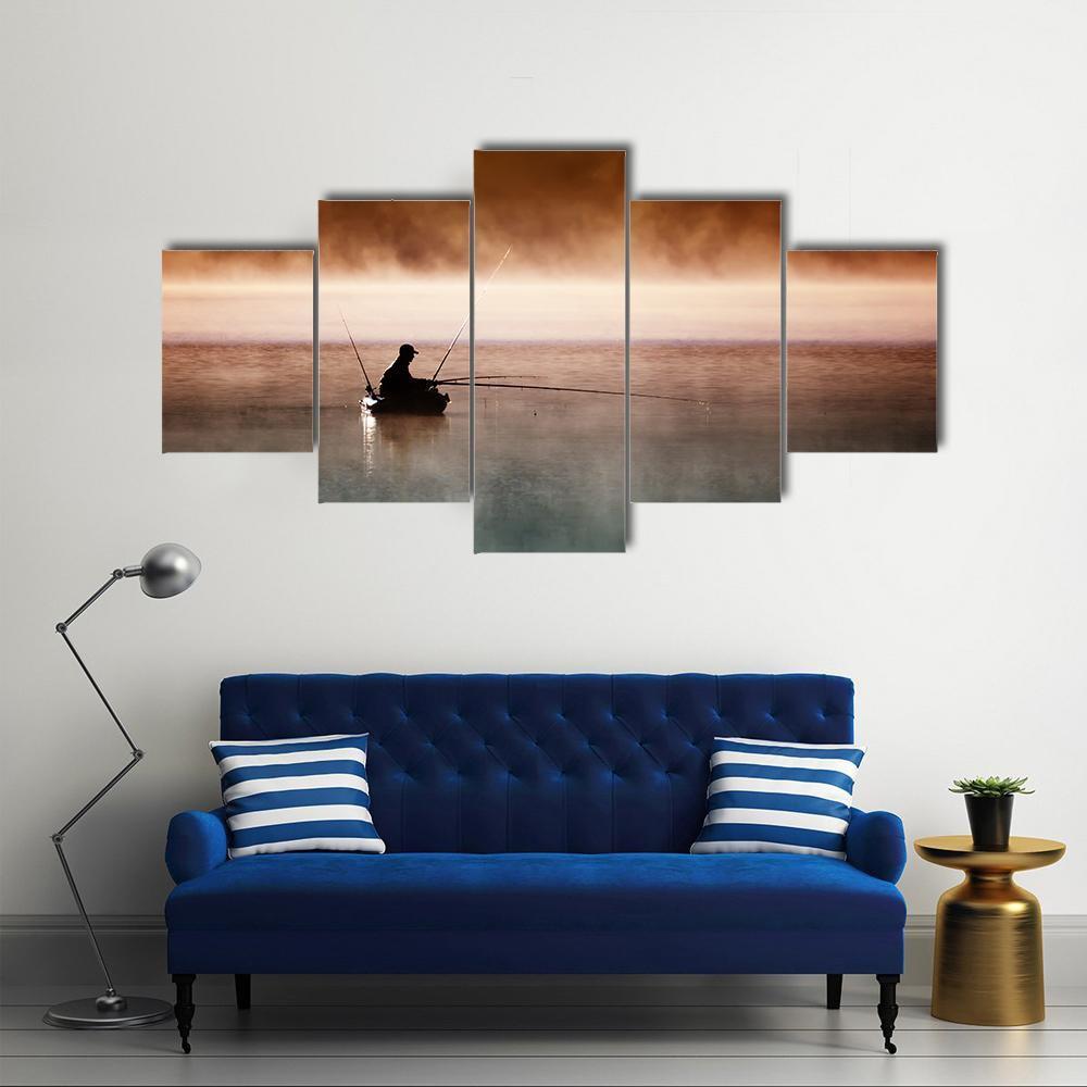 Fisherman Sits In Boat Canvas Wall Art-5 Pop-Gallery Wrap-47" x 32"-Tiaracle