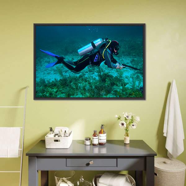 Fisherman With Speargun Canvas Wall Art-1 Piece-Floating Frame-36" x 24"-Tiaracle
