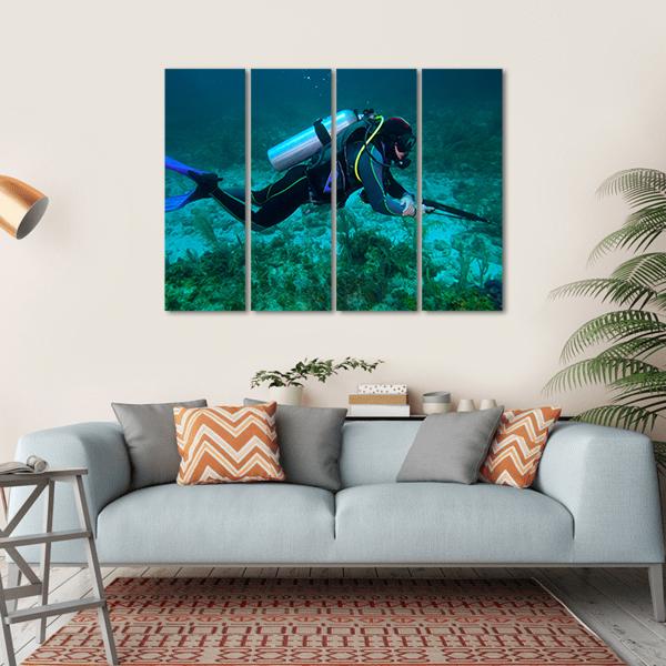 Fisherman With Speargun Canvas Wall Art-4 Horizontal-Gallery Wrap-34" x 24"-Tiaracle