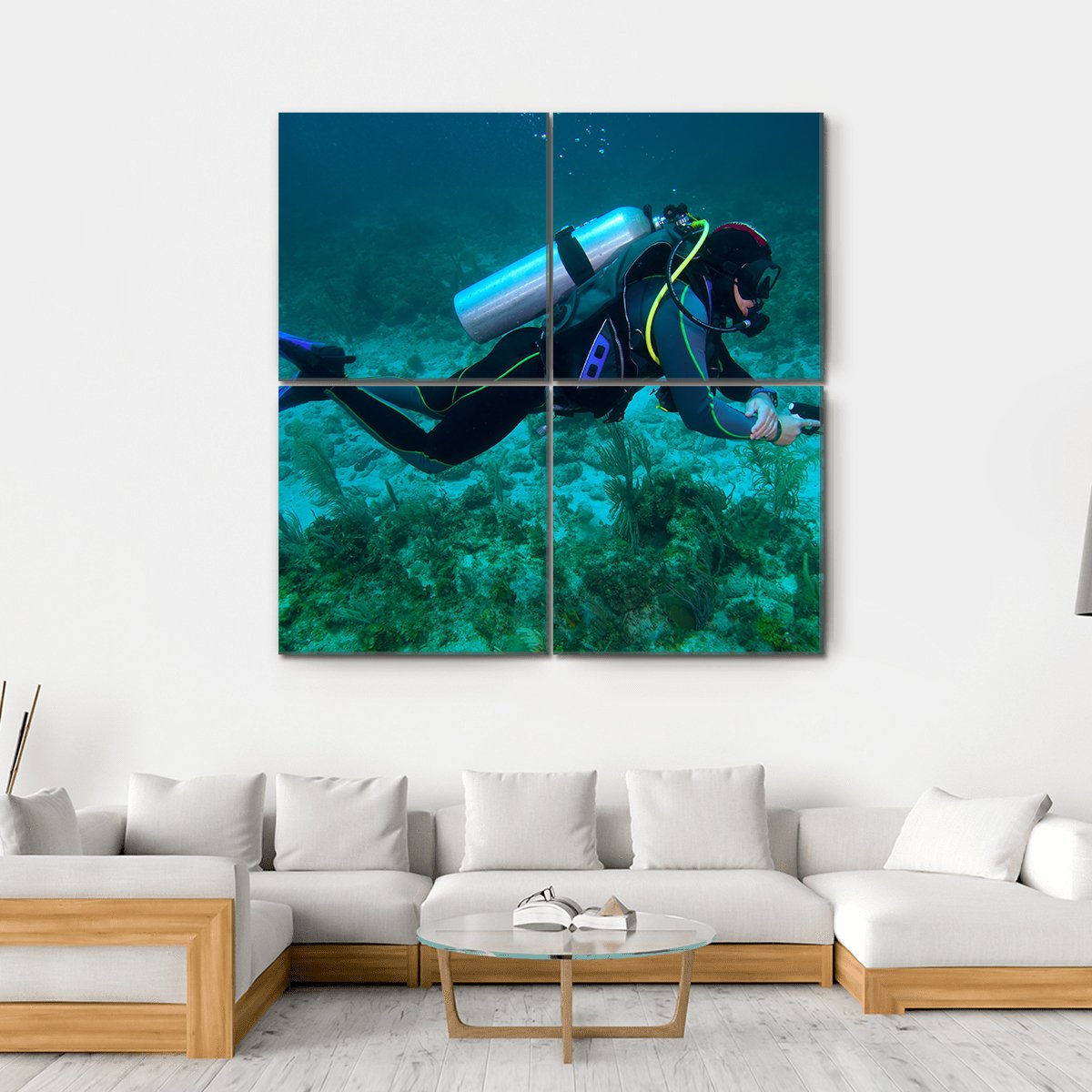 Fisherman With Speargun Canvas Wall Art-4 Square-Gallery Wrap-17" x 17"-Tiaracle