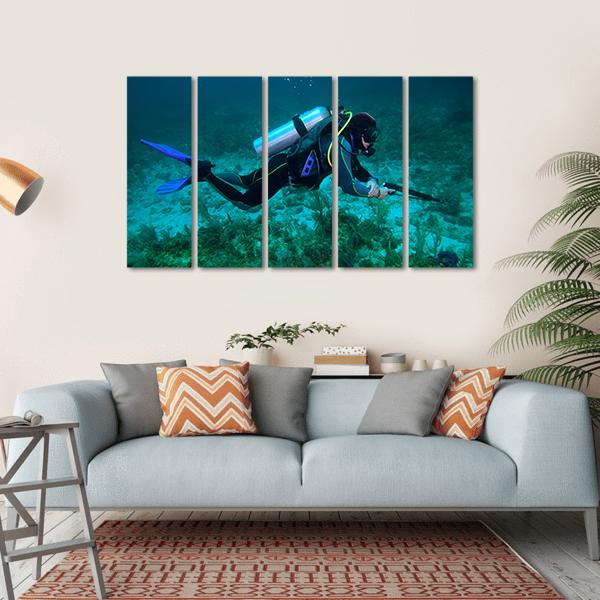 Fisherman With Speargun Canvas Wall Art-5 Horizontal-Gallery Wrap-22" x 12"-Tiaracle