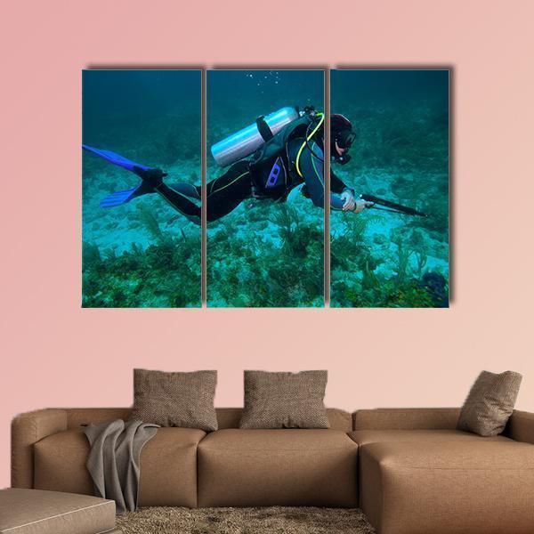 Fisherman With Speargun Canvas Wall Art-3 Horizontal-Gallery Wrap-37" x 24"-Tiaracle