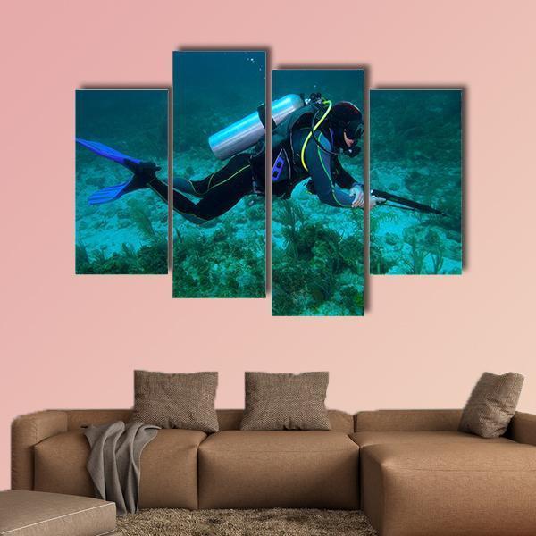 Fisherman With Speargun Canvas Wall Art-4 Pop-Gallery Wrap-50" x 32"-Tiaracle