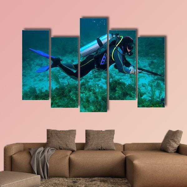 Fisherman With Speargun Canvas Wall Art-5 Pop-Gallery Wrap-47" x 32"-Tiaracle