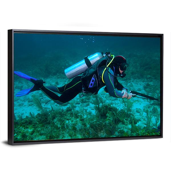 Fisherman With Speargun Canvas Wall Art-3 Horizontal-Gallery Wrap-25" x 16"-Tiaracle