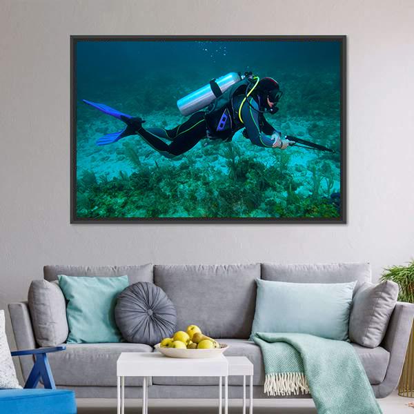 Fisherman With Speargun Canvas Wall Art-3 Horizontal-Gallery Wrap-25" x 16"-Tiaracle