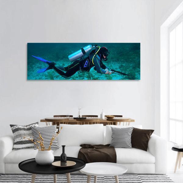 Fisherman With Speargun Panoramic Canvas Wall Art-1 Piece-36&quot; x 12&quot;-Tiaracle