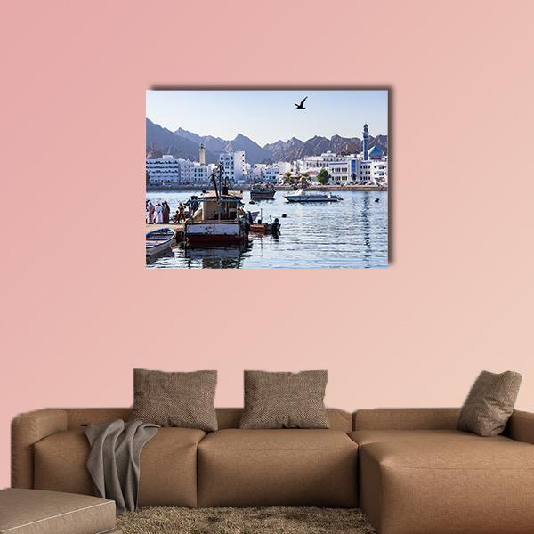 Muttrah Fish Docks Canvas Wall Art in white, gray and blue, single panel hung on a wall
